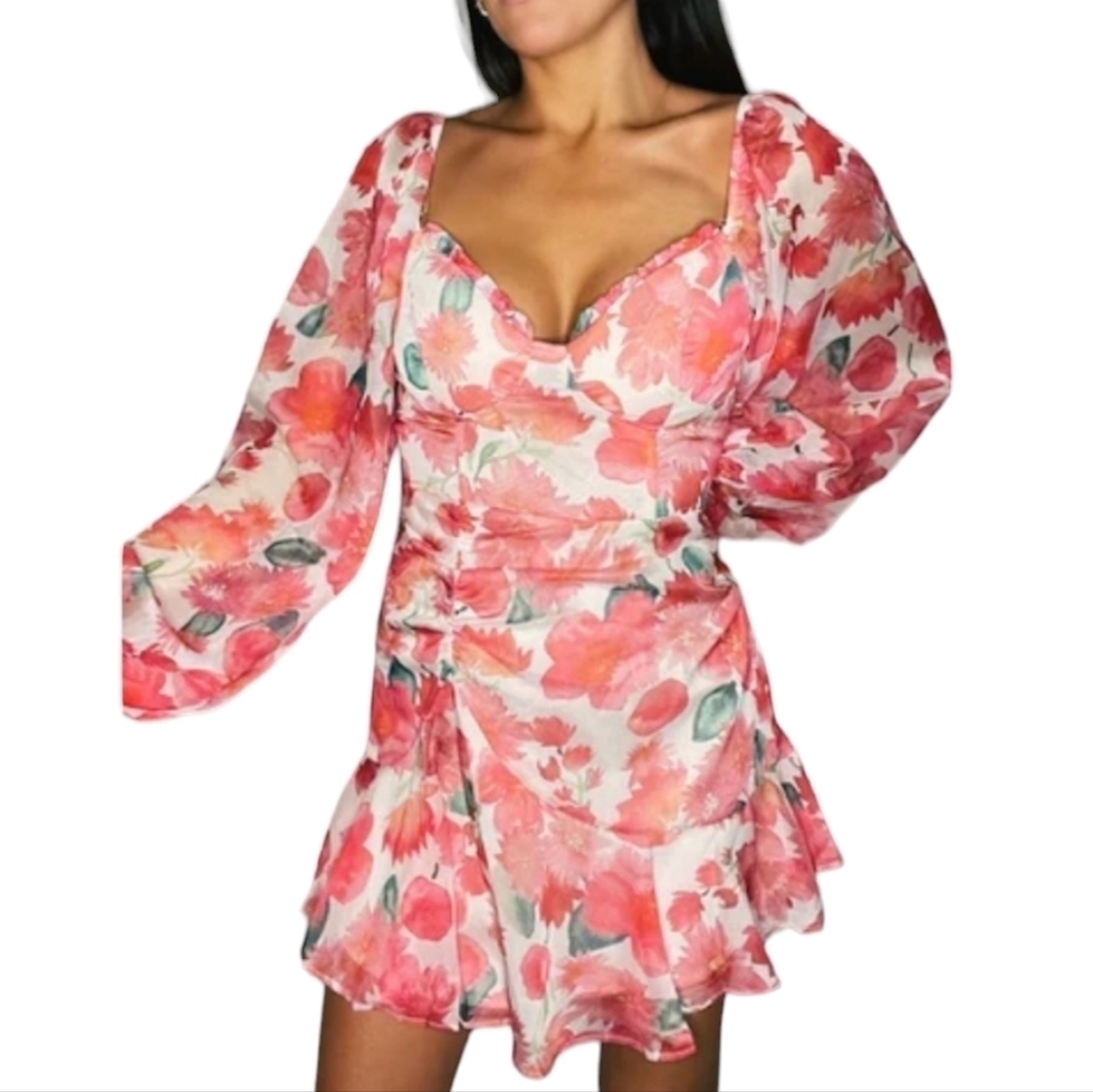 Sweet Pot Pink, Red And White Floral Print Lover Mini Dress - Size 4